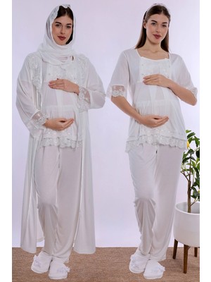 bylohusa Tesettürlü Yumuşak Dokulu Pamuklu  Uzun Sabahlıklı Hamile Lohusa Pijama Takımı Effortt - Ekru