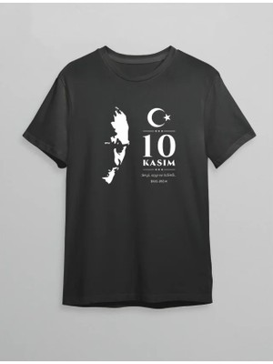 Modi 10 Kasım Atatürk Anma Günü Silüet Baskılı Oversize Bisiklet Yaka T-Shirt - Siyah