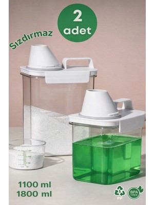 Ahlat Store 2 Li Sızdırmaz Depolama Sıvı Toz Deterjan Saklama Kutusu 1100 ml ve 1800 ml BPA İçermeyen Güvenli Malzeme