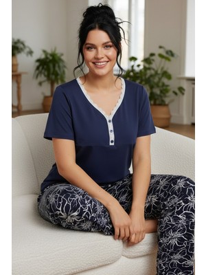 Siyah İnci Desenli Pamuklu Büyük Beden Battal Boy Örme Pijama Takım