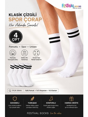 Festival Socks 4 Çift Beyaz Kolej Çorap Pamuklu Unisex Spor Çorap Günlük Nefes Alan Çorap