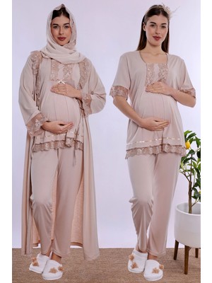 bylohusa Tesettürlü Yumuşak Dokulu Pamuklu  Uzun Sabahlıklı Hamile Lohusa Pijama Takımı Effortt - Bej