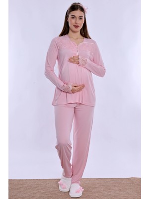 bylohusa Ayarlanabilir Bel Lastikli Pamuklu Hamile Pijama Takımı Effortt - Pembe