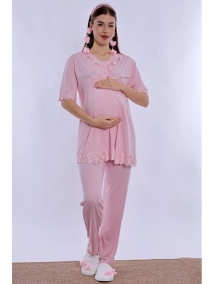 bylohusa Pamuklu Gizli Emzirme Detaylı Hamile Lohusa Pijama Takımı Effortt - Pembe