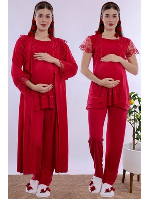bylohusa Pamuklu Sabahlıklı Hamile Lohusa Emzirme Pijama Takımı Ayarlanabilir Bel Lastikli Effortt - Vişne