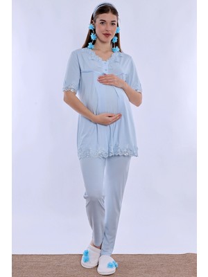 bylohusa Pamuklu Gizli Emzirme Detaylı Hamile Lohusa Pijama Takımı Effortt - Mavi