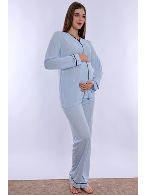 bylohusa Ayarlanabilir Bel Detaylı Emzirme Özellikli Hamile Lohusa Pijama Takımı Effortt - Mavi