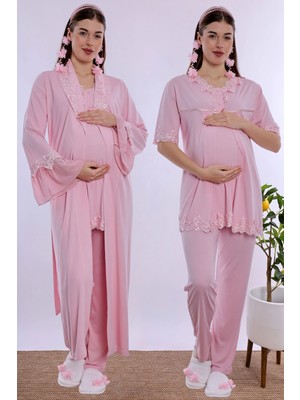 bylohusa Doğum Öncesi ve Sonrası Emzirme Özellikli Sabahlıklı Lohusa Pijama Takımı Effortt - Pembe