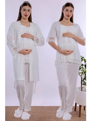 bylohusa Ayarlanabilir Bel Lastikli Sabahlıklı Hamile Lohusa Pijama Takımı Effortt - Ekru
