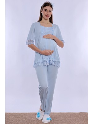 bylohusa Ayarlanabilir Bel Detaylı Emzirme Özellikli Hamile Lohusa Pijama Takımı Effortt - Mavi