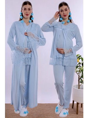 bylohusa Gizli Emzirme Özellikli Pamuklu Sabahlıklı Hamile Lohusa Pijama Takımı Effortt - Mavi