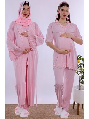 bylohusa Tesettürlü Pamuklu Uzun Sabahlıklı Hamile Lohusa Emzirme Pijama Takımı Effortt - Pembe