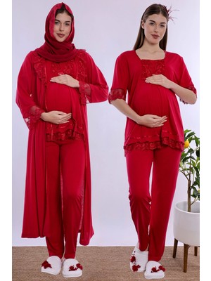 bylohusa Tesettürlü Yumuşak Dokulu Pamuklu  Uzun Sabahlıklı Hamile Lohusa Pijama Takımı Effortt - Vişne