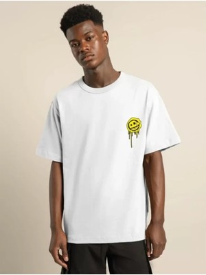 Modi Unisex Bisiklet Yaka Baskılı Oversize T-Shirt - Beyaz