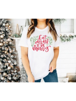Modi Yılbaşı Noel Baskılı Kısa Kollu Oversize Bisiklet Yaka T-Shirt - Beyaz