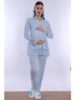 bylohusa Pamuklu Gizli Emzirme Özellikli Hamile Lohusa Pijama Takımı Effortt - Mavi