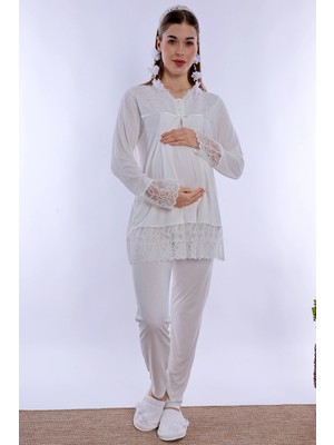 bylohusa Pamuklu Gizli Emzirme Özellikli Hamile Lohusa Pijama Takımı Effortt - Ekru