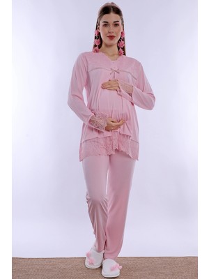 bylohusa Pamuklu Gizli Emzirme Özellikli Hamile Lohusa Pijama Takımı Effortt - Pembe