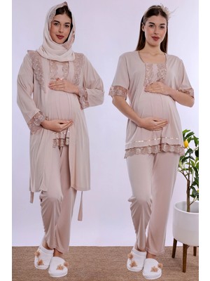 bylohusa Tesettürlü Rahat Kesim Emzirme Özellikli Sabahlıklı Hamile Lohusa Pijama Takımı Effortt - Bej
