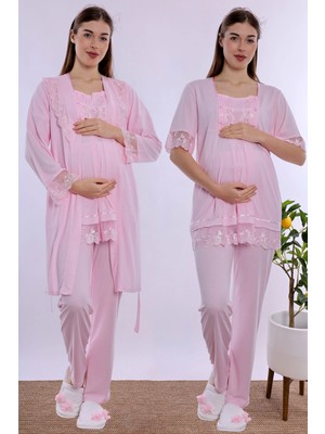 bylohusa Ayarlanabilir Bel Lastikli Sabahlıklı Hamile Lohusa Pijama Takımı Effortt - Pembe