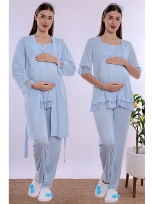 bylohusa Ayarlanabilir Bel Lastikli Sabahlıklı Hamile Lohusa Pijama Takımı Effortt - Mavi