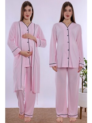 bylohusa Yumuşak Dokulu Pamuklu Sabahlıklı Hamile Lohusa Pijama Takımı Effortt - Pembe