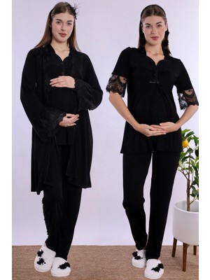 bylohusa Pamuklu Hamile Lohusa Pijama ve Sabahlık Takımı Effortt - Siyah