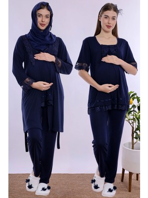 bylohusa Tesettürlü Rahat Kesim Emzirme Özellikli Sabahlıklı Hamile Lohusa Pijama Takımı Effortt - Lacivert
