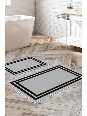 Alanur Home Kaymaz Yıkanabilir Dijital Baskılı 2'li Klozet Takımı | Dikdörtgen | Deri Taban | Geometrik | 1696