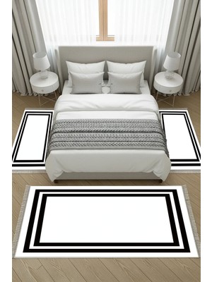 Alanur Home Kaymaz Yıkanabilir Dijital Baskılı 3'lü Klozet Takımı | Dikdörtgen | Keçe Taban Saçaklı | Geometrik | 1696