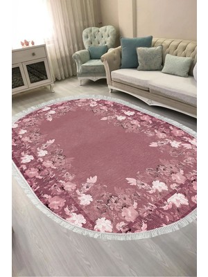 Alanur Home Dijital Baskılı Oval Salon Halısı | Kaymaz Yıkanabilir | Keçe Taban Saçaklı | Çiçekli | P1388