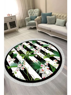 Alanur Home Dijital Baskılı Yuvarlak Salon Halısı | Kaymaz Yıkanabilir | Keçe Taban Saçaklı | Çiçekli | MU692
