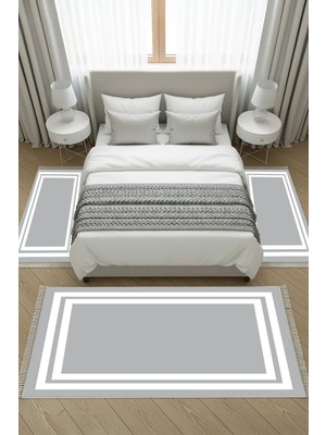 Alanur Home Kaymaz Yıkanabilir Dijital Baskılı 3'lü Klozet Takımı | Dikdörtgen | Keçe Taban Saçaklı | Geometrik | 1696