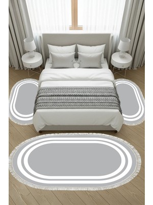 Alanur Home Kaymaz Yıkanabilir Dijital Baskılı 3'lü Klozet Takımı | Oval | Deri Taban Saçaklı | Geometrik | 1696
