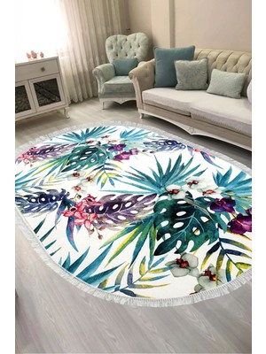 Alanur Home Dijital Baskılı Oval Salon Halısı | Kaymaz Yıkanabilir | Keçe Taban Saçaklı | Çiçekli | S5048