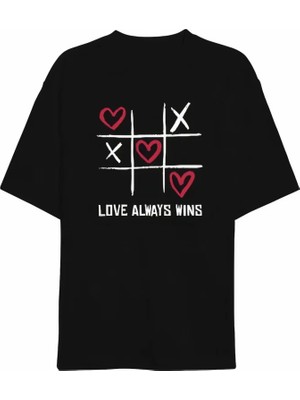 Modi 14 Şubat Sevgililer Günü Love Always Wins Baskılı Oversize Bisiklet Yaka T-Shirt - Siyah