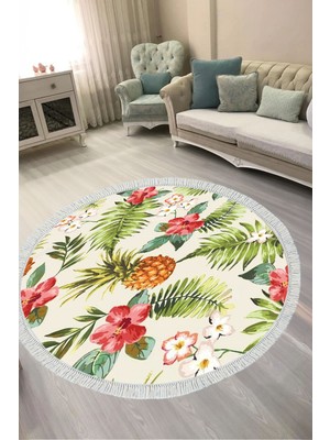Alanur Home Dijital Baskılı Yuvarlak Salon Halısı | Kaymaz Yıkanabilir | Keçe Taban Saçaklı | Çiçekli | S5025