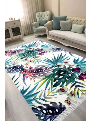 Alanur Home Dijital Baskılı Dikdörtgen Salon Halısı | Kaymaz Yıkanabilir | Keçe Taban Saçaklı | Çiçekli | S5048