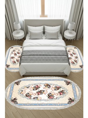 Alanur Home Kaymaz Yıkanabilir Dijital Baskılı 3'lü Klozet Takımı | Oval | Keçe Taban Saçaklı | Klasik | 9171M