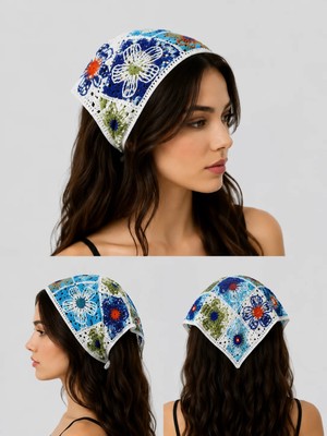 Sibel Günay Butik El Örgüsü Çiçek Motifli Üçgen Saç Bandanası – Bohem Yazlık Bandana