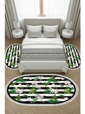 Alanur Home Kaymaz Yıkanabilir Dijital Baskılı 3'lü Klozet Takımı | Oval | Deri Taban Saçaklı | Çiçekli | MU692