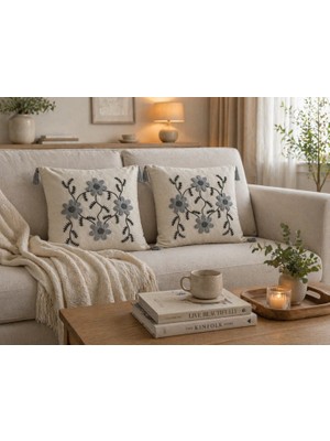 Livera Home Modern Punch Işlemeli 2'li Kırlent Kılıfı 43X43 Dekoratif - Gri Papatyalar