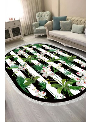 Alanur Home Dijital Baskılı Oval Salon Halısı | Kaymaz Yıkanabilir | Keçe Taban Saçaklı | Çiçekli | MU692
