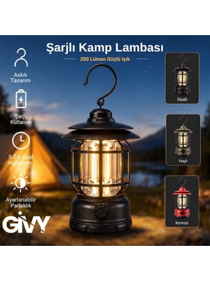 Givy Şarjlı Kamp Lambası 200 Lümen | Type-C Şarjlı | Ayarlanabilir Işık Seviyesi | Suya Dayanıklı
