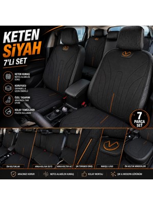 Brtshopping Ultra Lüks Keten Siyah 7'li Oto Koltuk Minderi Seti Ön Arka Koltuk Uyumlu Kaymaz Tabanlı Araç Koltuk Koruyucu