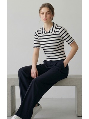 Blouse Polo Yaka Çizgili Kısa Kollu Örme Bluz