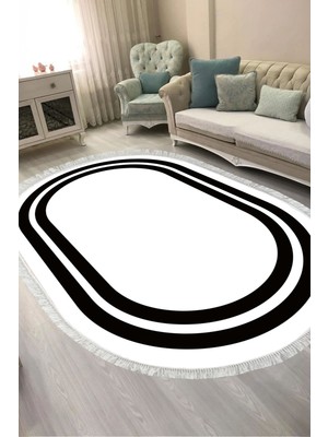 Alanur Home Dijital Baskılı Oval Salon Halısı | Kaymaz Yıkanabilir | Keçe Taban Saçaklı | Geometrik | 1696