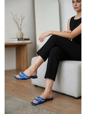Shoetek Kathleen Kadın Terlik Taşlı Saks Mavisi Saten