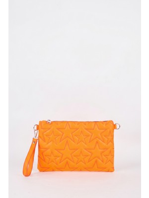 Vivaq Kadın Neon Turuncu Yıldız Nakışlı Suni Deri Bilek ve Zincir Askılı Portföy El ve Clutch Çanta