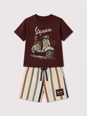 Yiğit Butik Erkek Çocuk Scooter Baskılı Çizgili Şortlu Takım Yazlık Ikili Takım